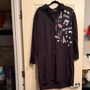 Karl Lagerfeld - Black Graphic Button-Up Shirt Dress - Size L